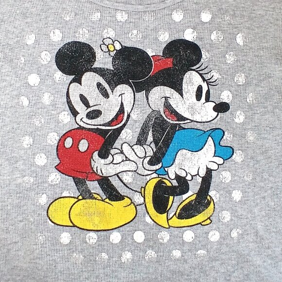 Disney Grey Waffle Jersey Long Sleeve Scoop Neck Mickey and Minnie Tee Top - Picture 3 of 5